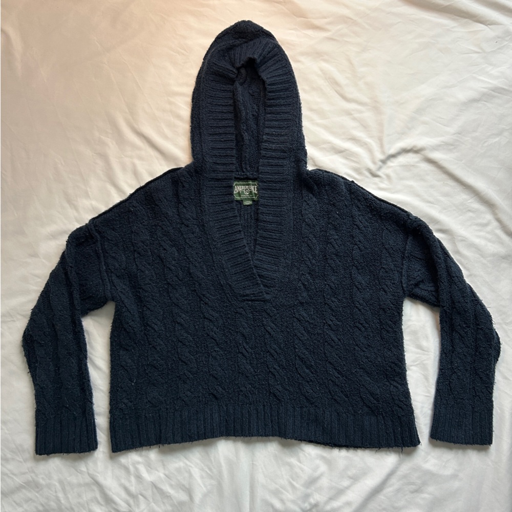 American eagle blue cropped knit sweater with hood